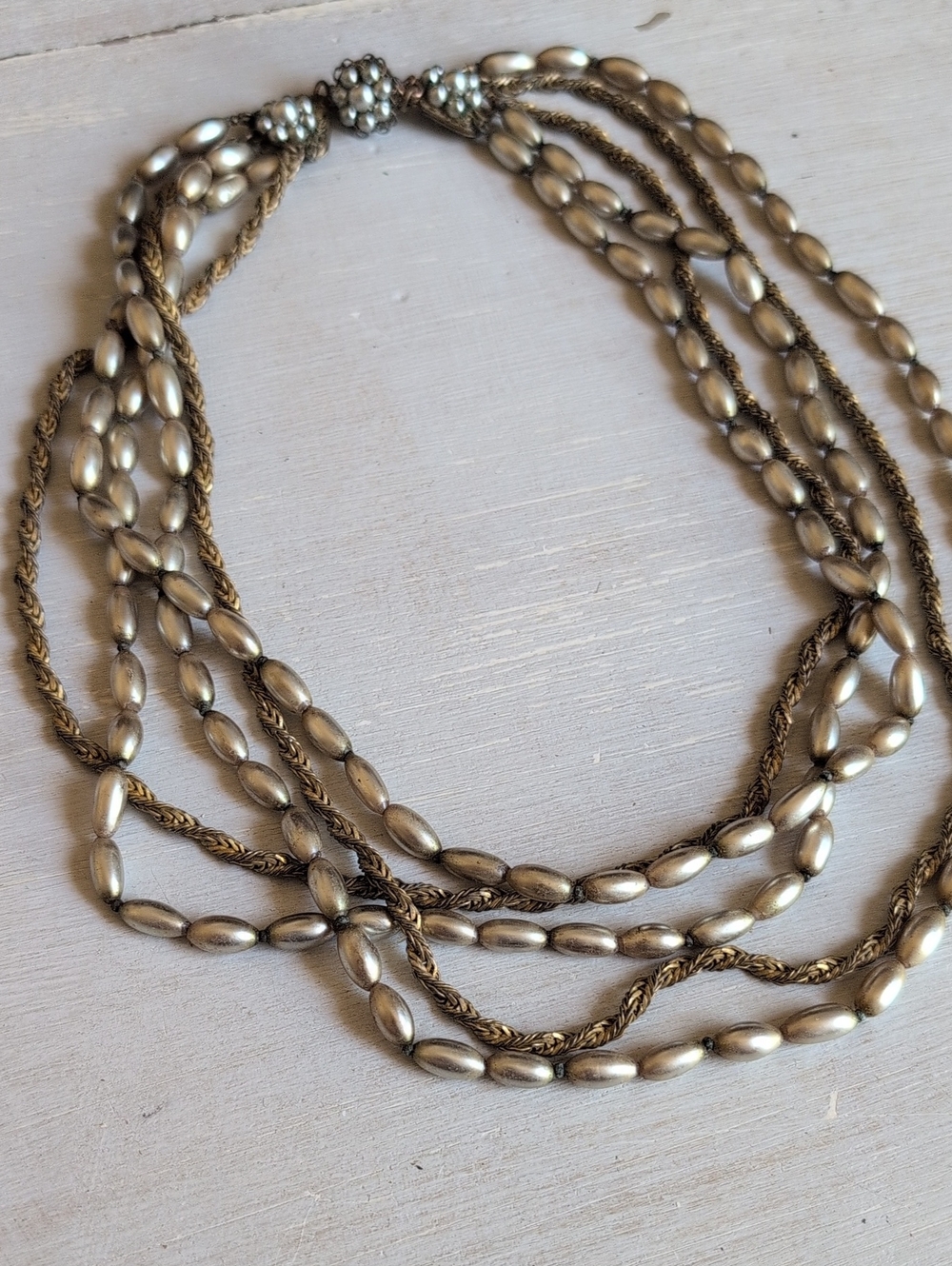 1950's Vintage Miriam Haskell Multi-Strand Satin Silver Bead Necklace